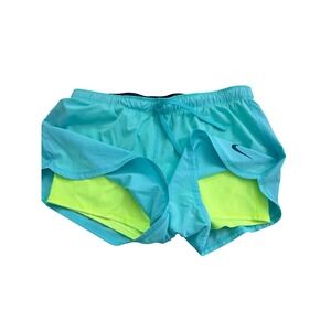 Nike Dri-FIT Womens 2-in-1 Running Shorts Blue Neon Yellow 2 Layer Size L